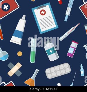 Seamless pattern with medical icons. Hospital signs. Syringe, plaster, vials, pills, test tubes, dropper, doctor`s bag. Vector color illustration. Stock Vector